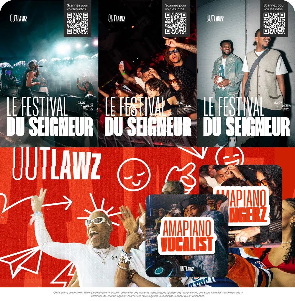 Outlawz identity system applied across logo marks, typography, posters and digital touchpoints.