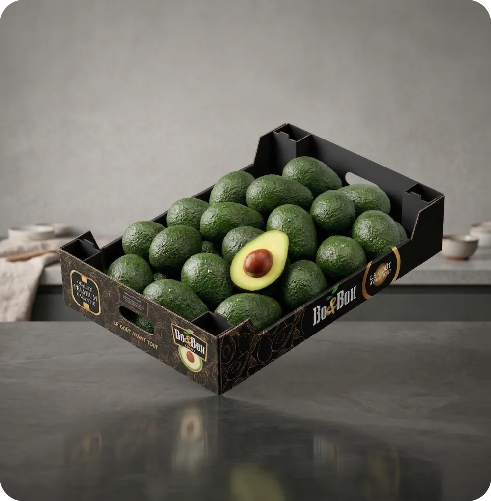 Avocado packaging concept shown as a realistic product box mockup.
