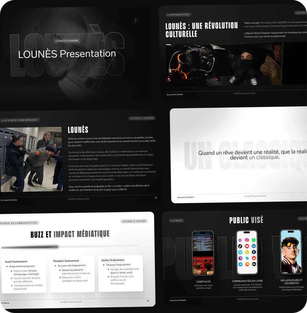 Dark presentation deck with modular slides, charts and editorial layouts.