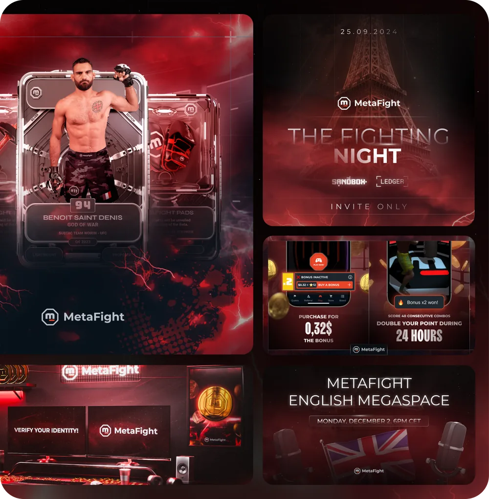 Metafight social media campaign with athlete photography and bold branded templates.