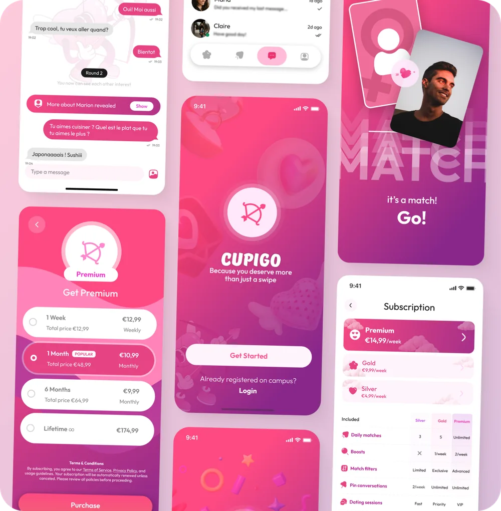 Cupigo mobile product interface showing onboarding, profiles and matching screens.