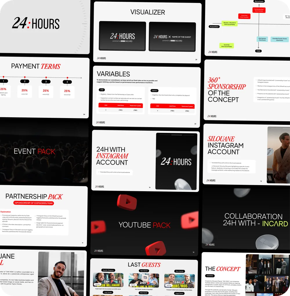 24 Hours media presentation system with bold black, red and white slide layouts.