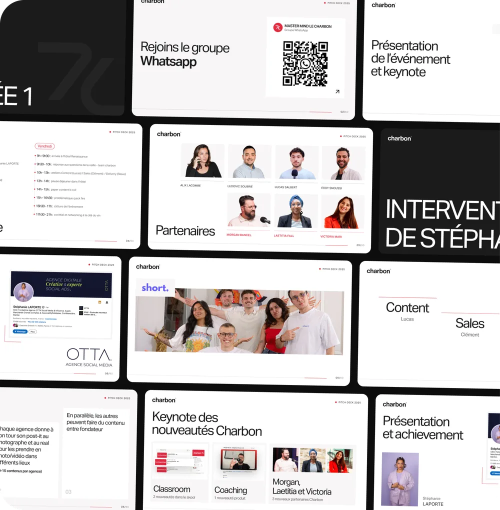 Charbon agency deck combining dark editorial pages and case study layouts.