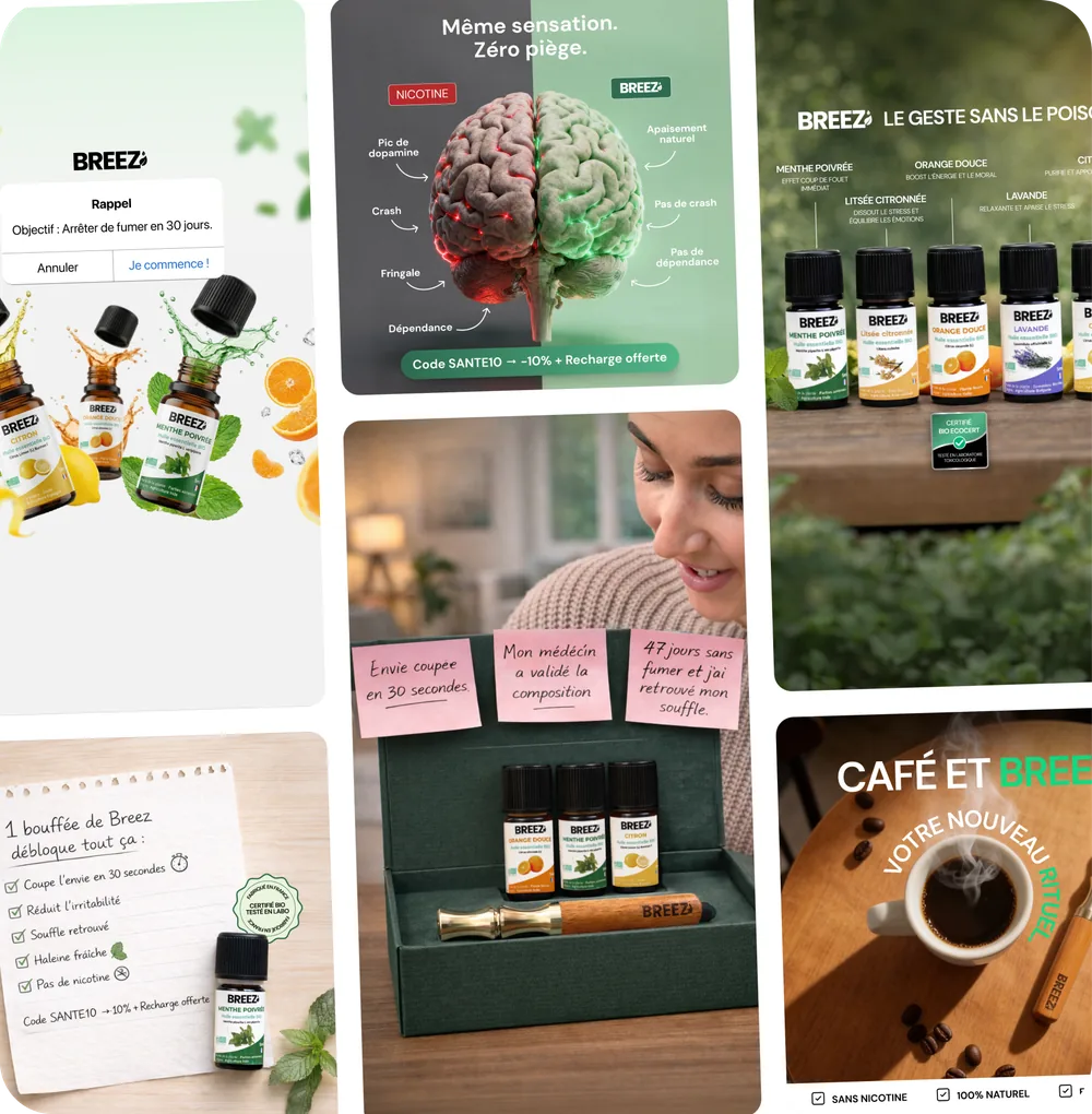 Breez ecommerce ad system for supplements across social formats.