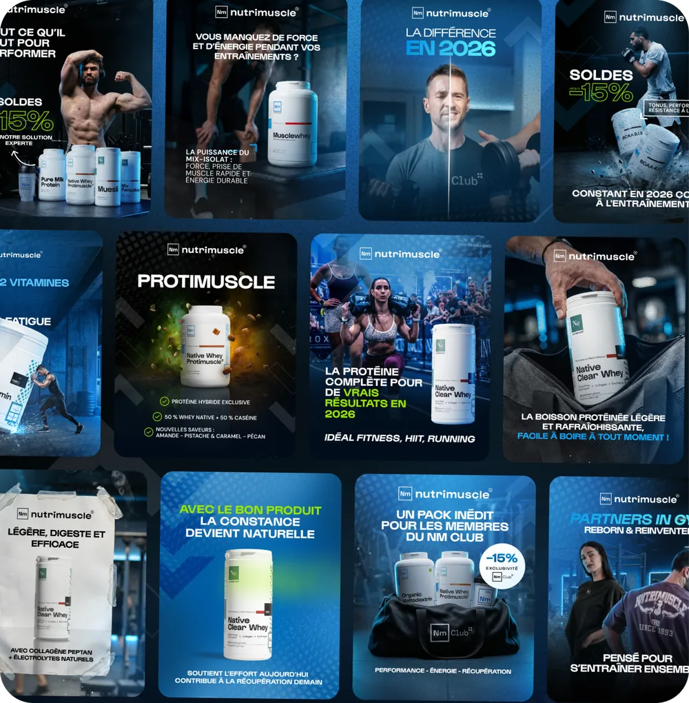 Nutrimuscle product campaign with athlete photography and promotional offers.