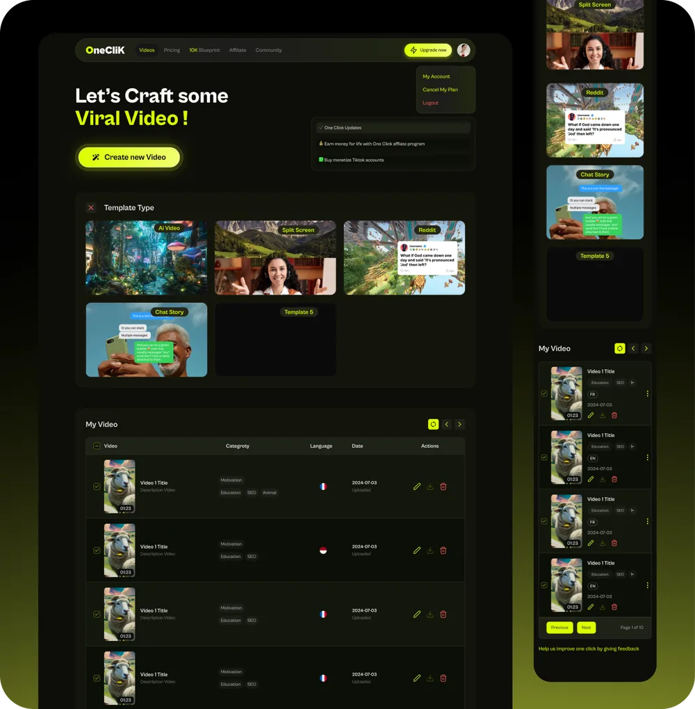 OneClik dark product interface across desktop dashboard and mobile screens.