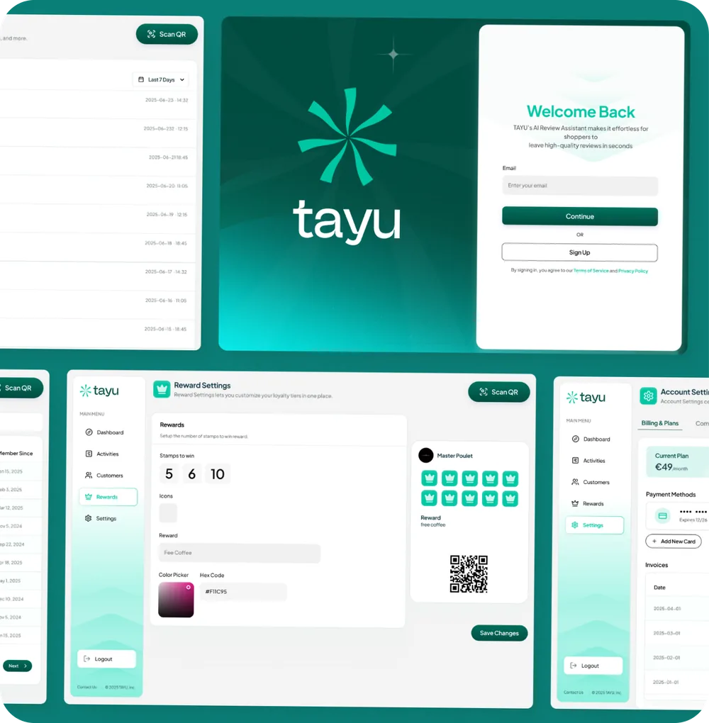 Tayu SaaS interface showing analytics, messaging and account management screens.