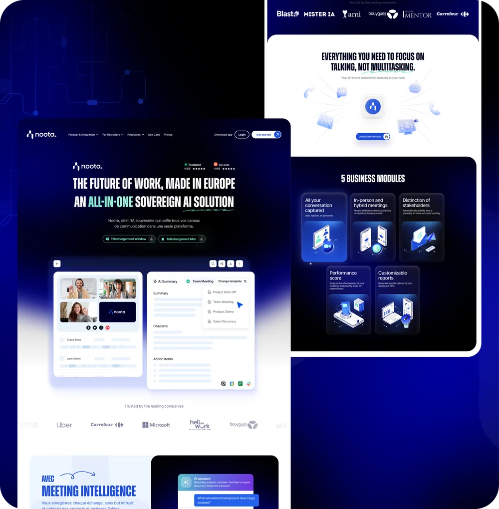 Noota SaaS website and product dashboard layouts in a dark blue visual system.