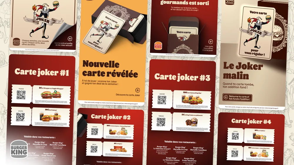 Burger King campaign compositions featuring menu offers, bold typography and social-first promotional layouts.