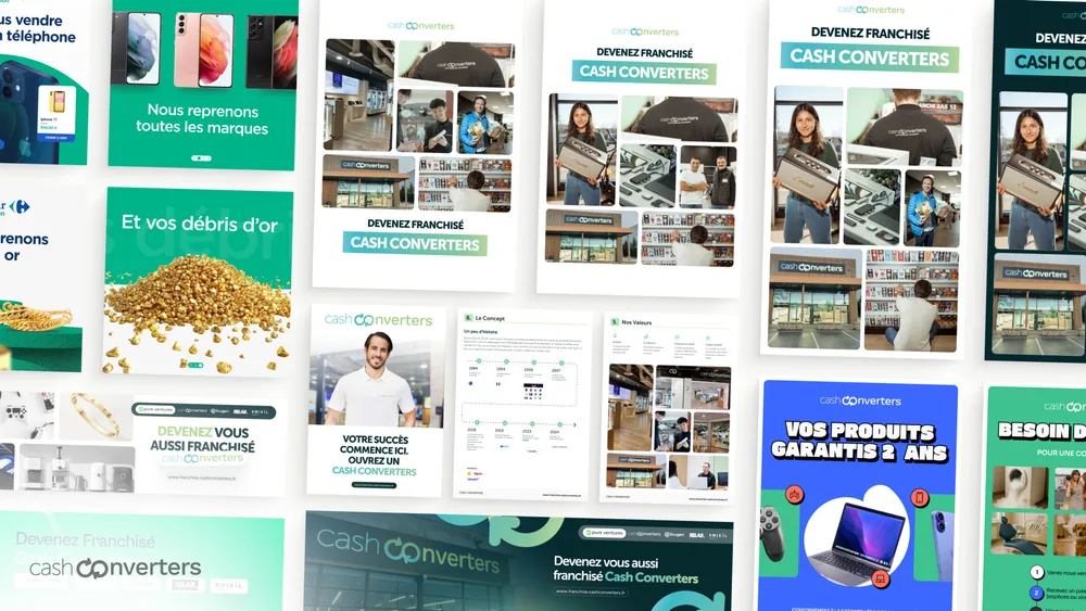 Cash Converters campaign system spanning social posts, promotional offers and product-led retail layouts.