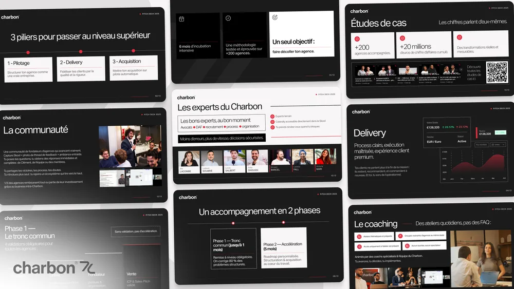 Pitch deck spreads for Charbon, covering positioning, case studies, delivery process and team pages.