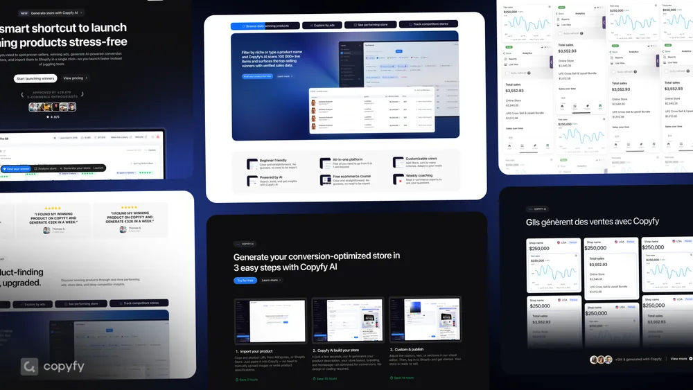 Product interface work for Copyfy: pricing tiers, checkout flow, payment confirmation and a spending dashboard.