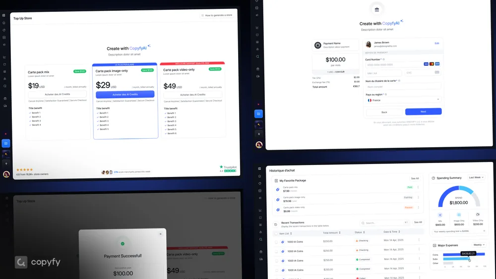 Landing page and marketing web design for Copyfy, including feature sections, dashboards and testimonial blocks.