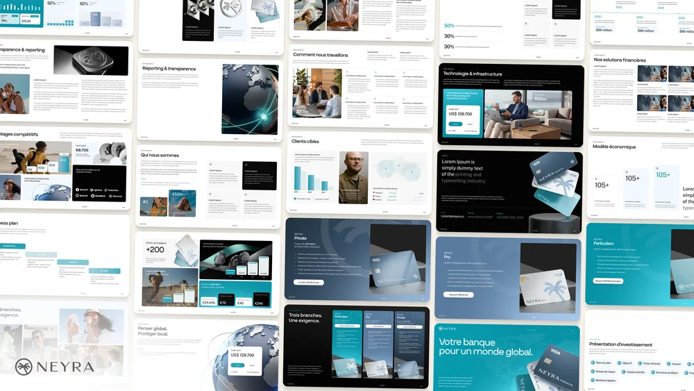 Investor presentation spreads and payment card visuals for the Neyra banking brand.