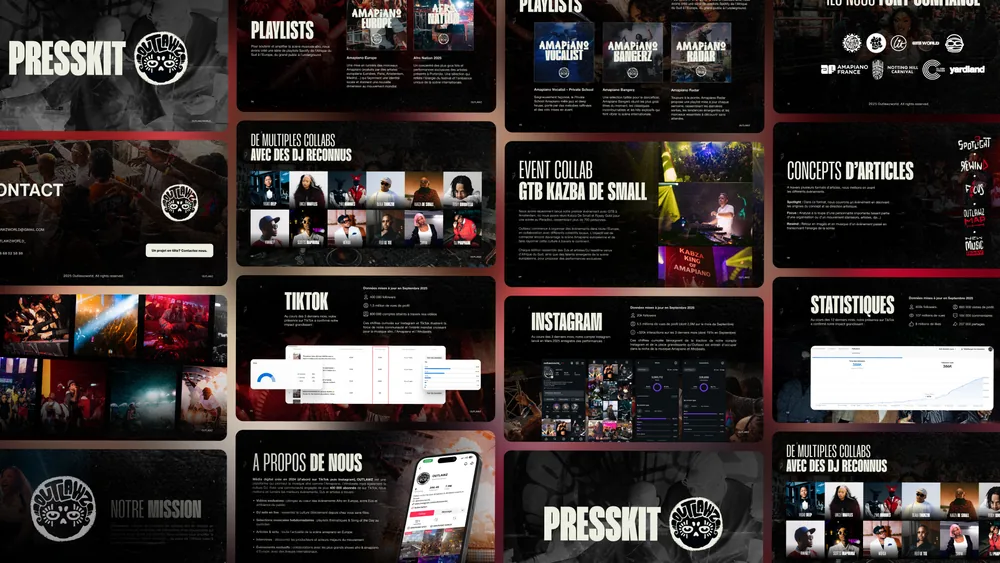 Press kit spreads for the Outlawz music platform, covering mission, audience statistics and event collaborations.