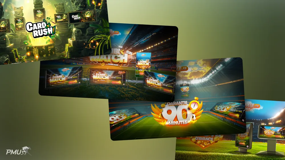 Campaign key visuals for PMU, including Card Rush and Combi Match executions adapted across banner and screen formats.