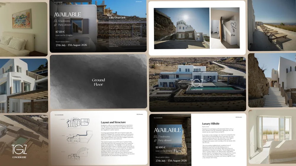Villa brochure spreads for TGZ Conciergerie, pairing architectural photography with floor plans and availability panels.